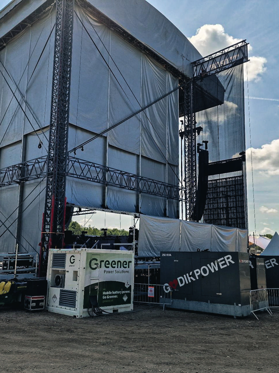 En godik generator og et batteri forsyner en scene med strøm