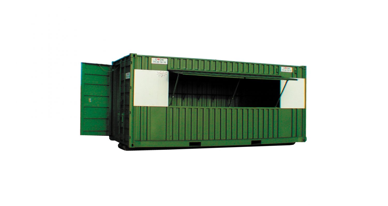 Salgscontainer med salgsluge og lysarmaturer Godik.dk